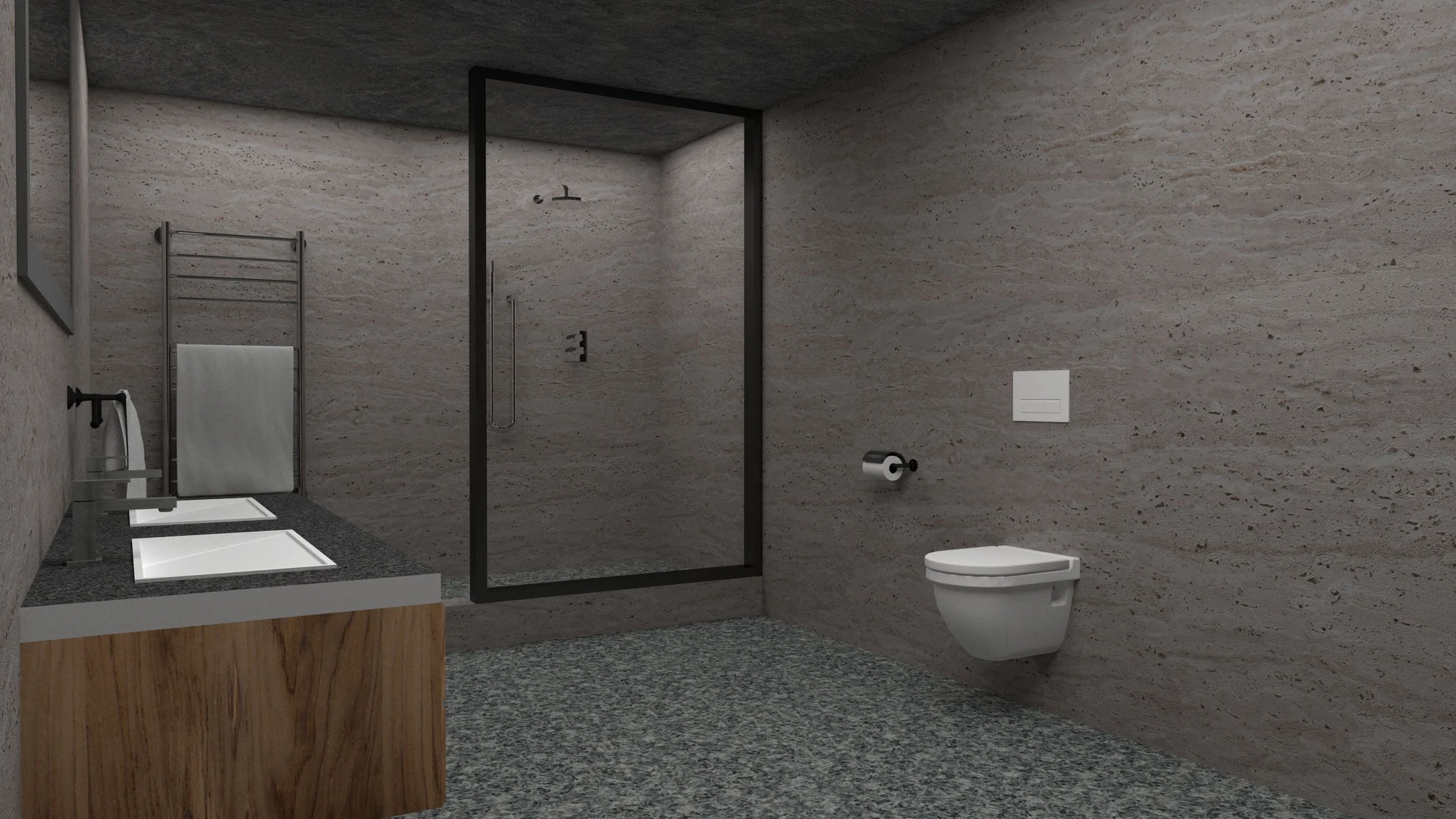 Visualisierung eines modernen Badezimmers mit Naturstein, Doppelwaschplatz und Walk-in-Dusche
